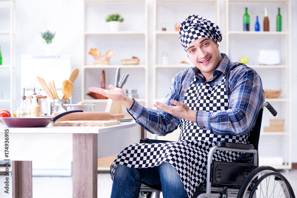 Disabled young man husband working in kitchen Disabled young man husband working in kitchen
