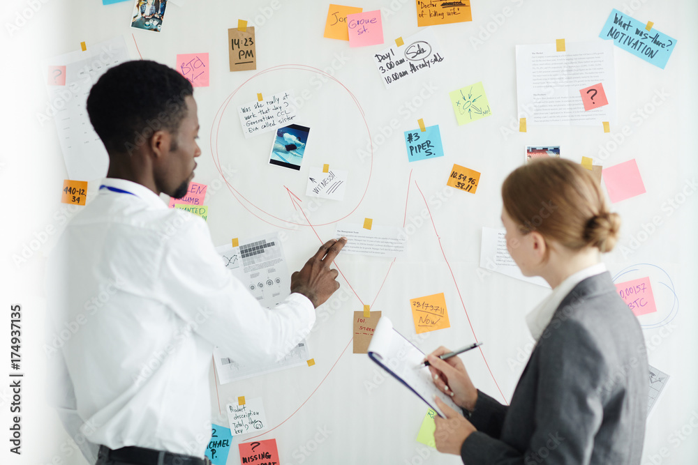 Multi-ethnic team of detectives in formalwear using investigation board while making assumptions about possible murder suspect, back view Multi-ethnic team of detectives in formalwear using investigation board while making assumptions about possible murder suspect, back view
