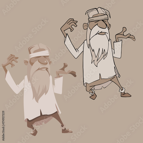 cartoon bearded grandfather with a bandage standing in a pose