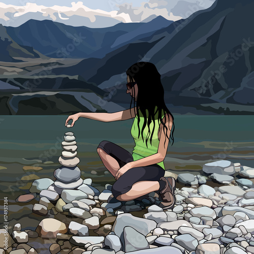 cartoon woman creates a pyramid of stones on the river bank