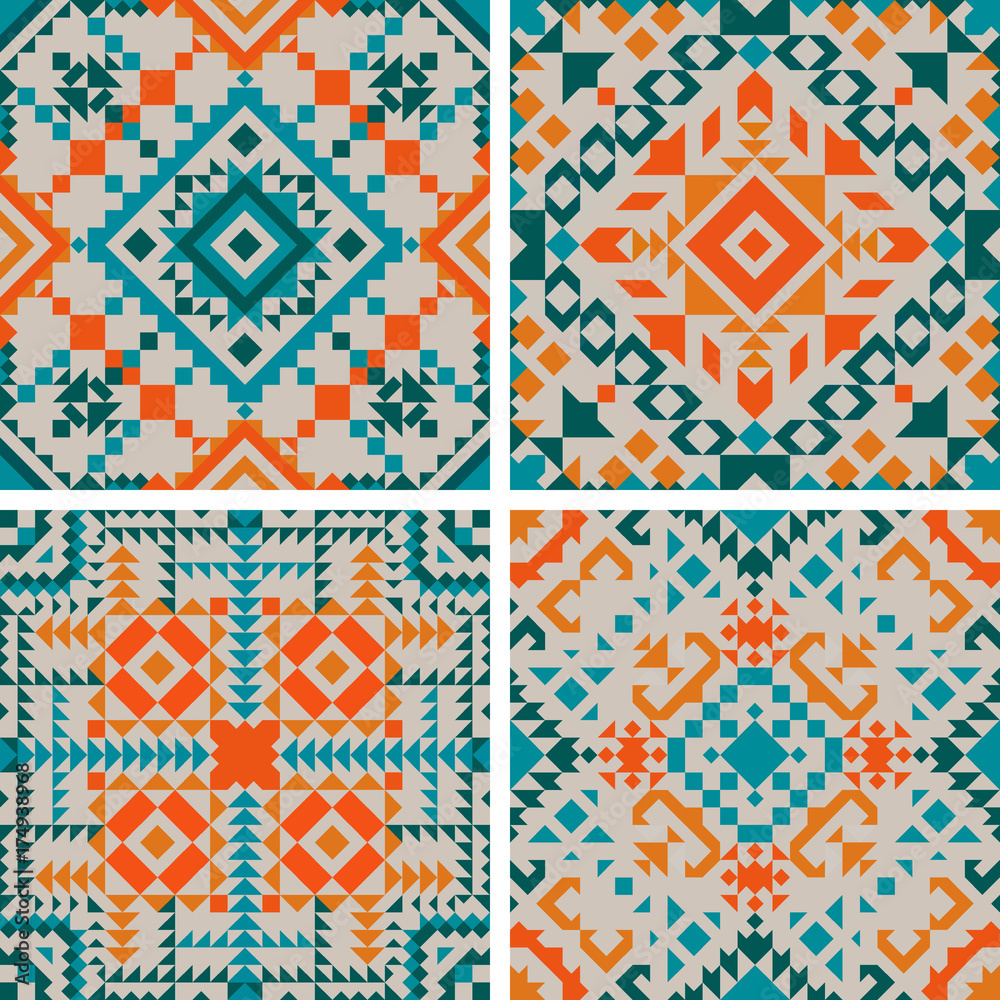 Fototapeta Tribal vector seamless pattern set. Aztec fancy abstract geometric art print. Ethnic hipster backdrop. Wallpaper, cloth design, fabric, paper, cover, textile design template.