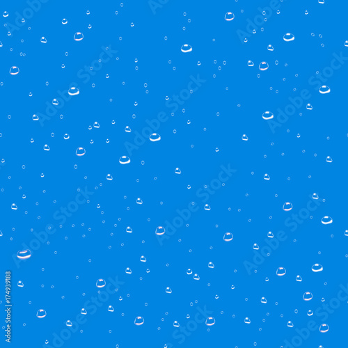Fresh Water Drops On Blue Background. Seamless pattern. Vector illustration
