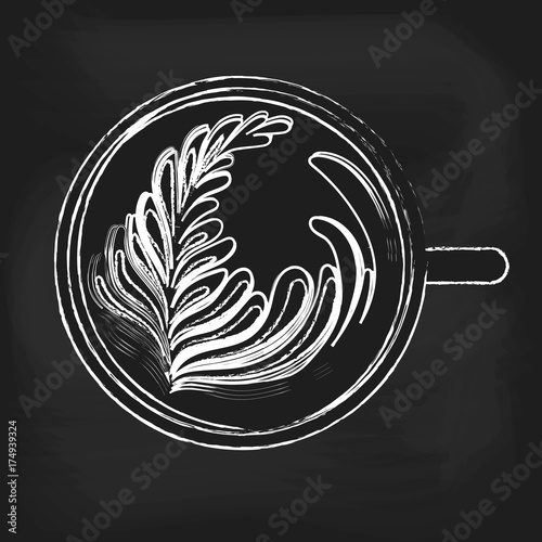 Isolated Latte Art on chalkboard background. White Cup. Vector illustration