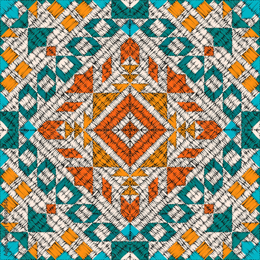 Tribal vector embroidery seamless pattern. Aztec fancy abstract geometric art print. Ethnic hipster backdrop. Wallpaper, cloth design, fabric, paper, cover, textile design template.