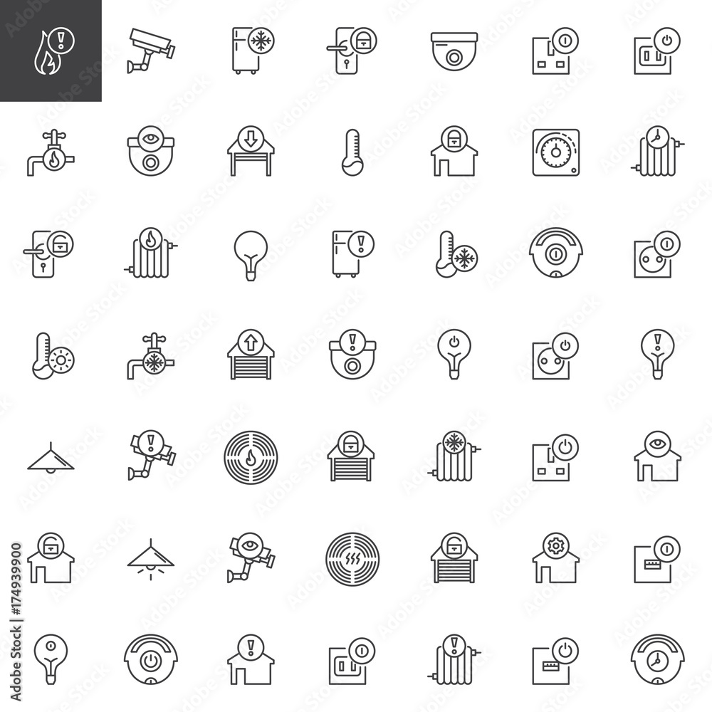 Smart home and technology line icons set, outline vector symbol collection, linear style pictogram pack. Signs, logo illustration. Set includes icons as control, camera, light settings, home settings Smart home and technology line icons set, outline vector symbol collection, linear style pictogram pack. Signs, logo illustration. Set includes icons as control, camera, light settings, home settings