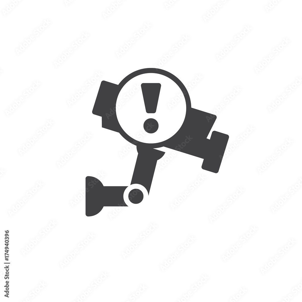 Cctv alert icon vector, filled flat sign, solid pictogram isolated on white. Surveillance camera with exclamation mark symbol, logo illustration. Cctv alert icon vector, filled flat sign, solid pictogram isolated on white. Surveillance camera with exclamation mark symbol, logo illustration.