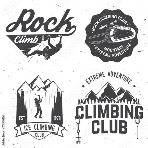 Vintage typography design with climber, carabiner and mountains