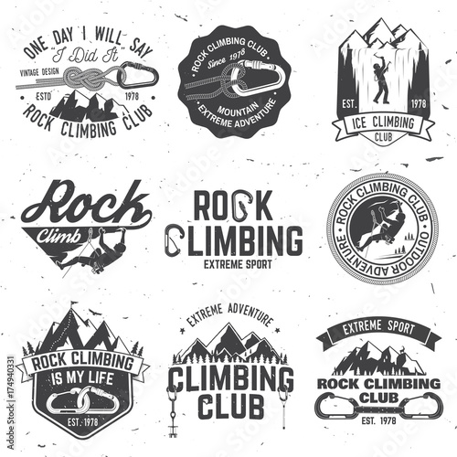 Vintage typography design with climber, carabiner and mountains
