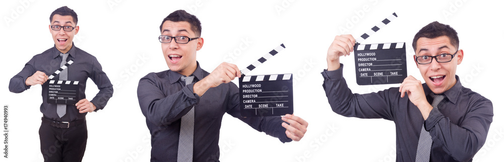 Funny man with movie clapper Funny man with movie clapper