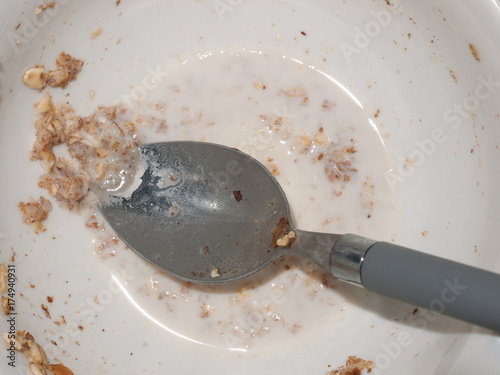 breakfast metal spoon in bottom of dirty empty bowl