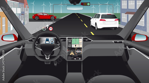 Self driving car without driver on a city street. Indoor view. Vector illustration.