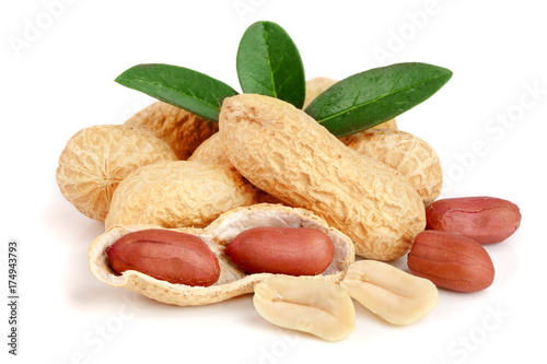 peanuts with leaf isolated on white background photo