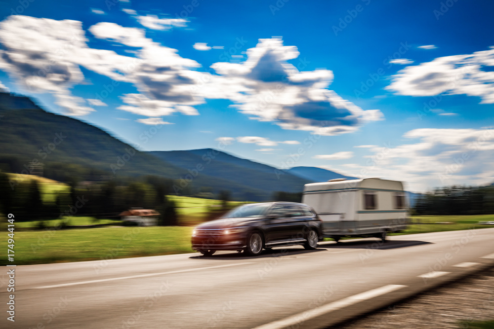 Family vacation travel, holiday trip in motorhome RV, caravan car motion blur Family vacation travel, holiday trip in motorhome RV, caravan car motion blur