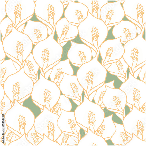 Seamless vector pattern with spathiphyllum flowers on green