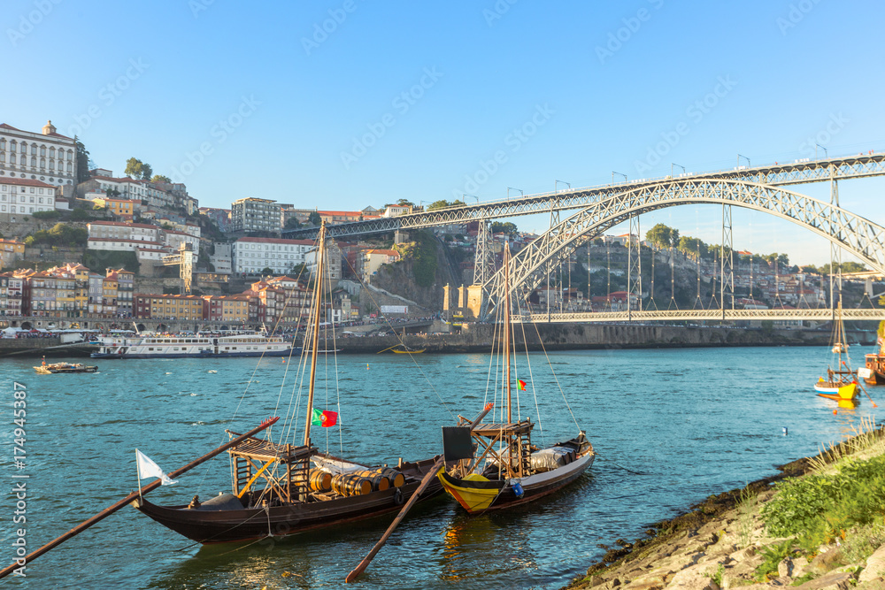 Porto oldtown wine port skyline with douro river and traditional Rabelo boat,Portugal Porto oldtown wine port skyline with douro river and traditional Rabelo boat,Portugal