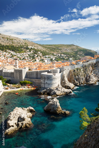 Majestic view from the hill to Fort Bokar, city walls and beautiful bay. Dubrovnik, Croatia