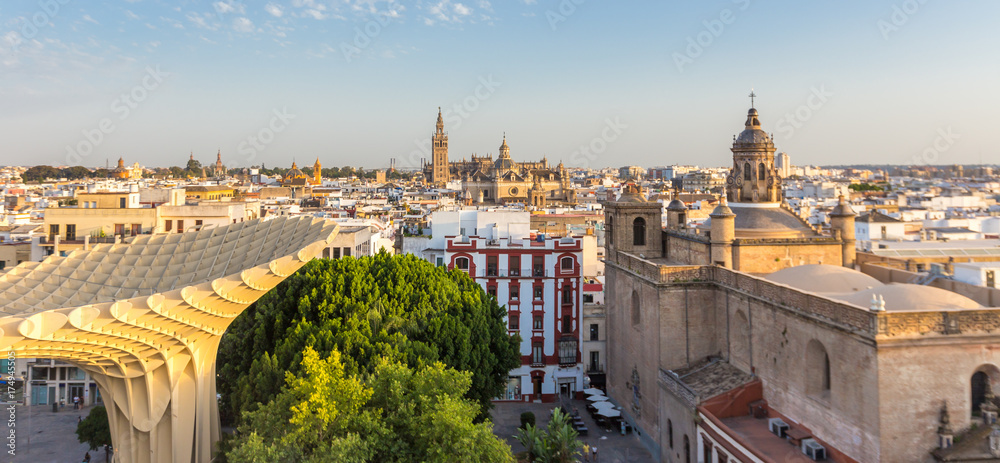 Fototapeta premium Aerial view of seville city skyline at sunset,Spain