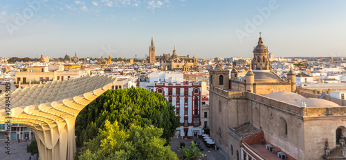 Aerial view of seville city skyline at sunset,Spain