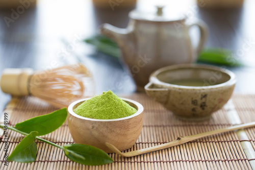 Set of matcha powder bowl wooden spoon and whisk green tea leaf Organic Green Matcha Tea ceremony
