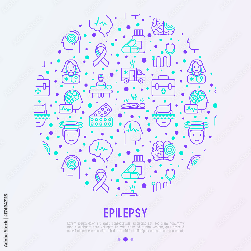 Epilepsy concept in circle with thin line icons of symptoms and treatments: convulsion, disorder, dizziness, brain scan. World epilepsy day. Vector illustration for banner, web page, print media. Epilepsy concept in circle with thin line icons of symptoms and treatments: convulsion, disorder, dizziness, brain scan. World epilepsy day. Vector illustration for banner, web page, print media.