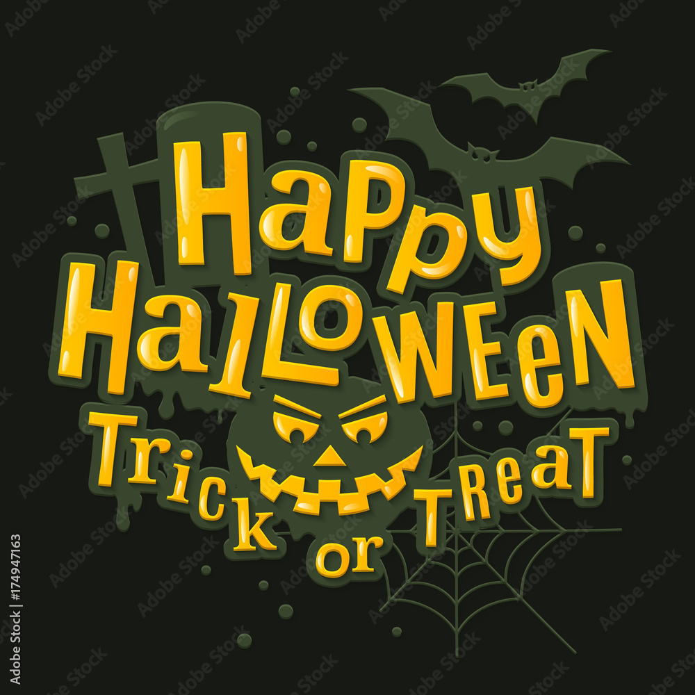 Happy halloween stylish lettering with scary pumpkin face, bats, spiderweb and tombstone on background. Vector illustration.