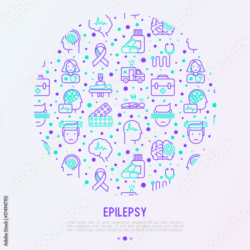 Epilepsy concept in circle with thin line icons of symptoms and treatments: convulsion, disorder, dizziness, brain scan. World epilepsy day. Vector illustration for banner, web page, print media.