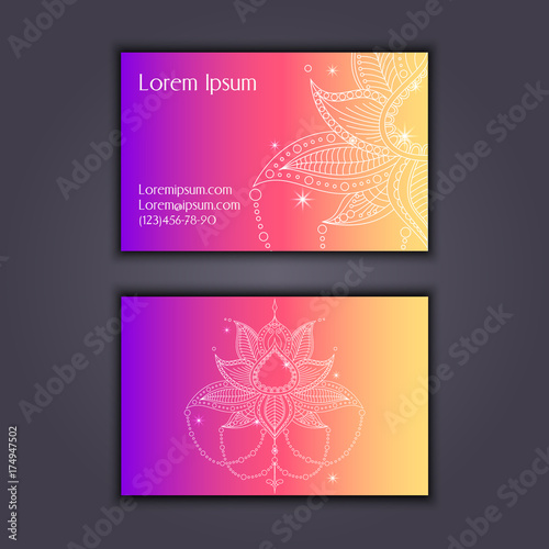 Vector vintage visiting card set. Glowing shiny floral mandala pattern and ornaments. Luxury design.