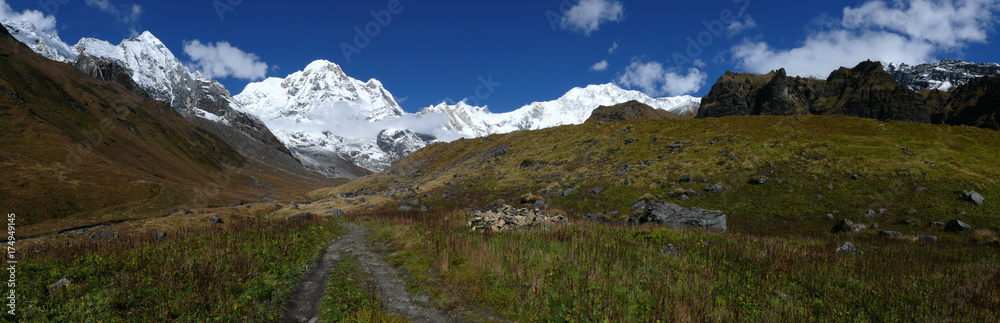 Annapurna Base Camp panorama, Snow capped Himalayas and mountain meadows, Annapurna Circuit trek in Nepal