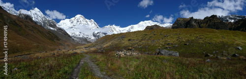 Annapurna Base Camp panorama, Snow capped Himalayas and mountain meadows, Annapurna Circuit trek in Nepal