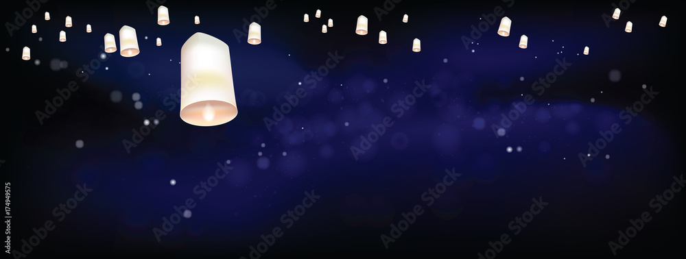 Naklejka premium White Floating lanterns in dark night ceremony Thailand