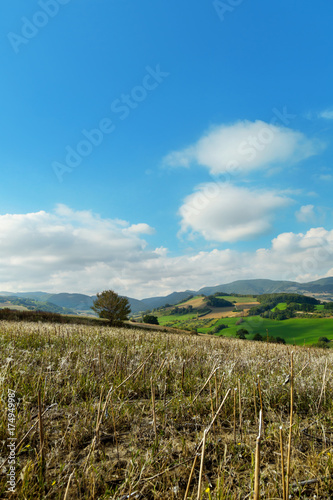 Landscape on a day of september, cultivated fields and blue sky with clouds