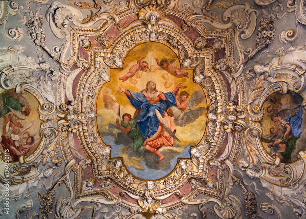 Painting decorated ceiling of an ancient Christian church.