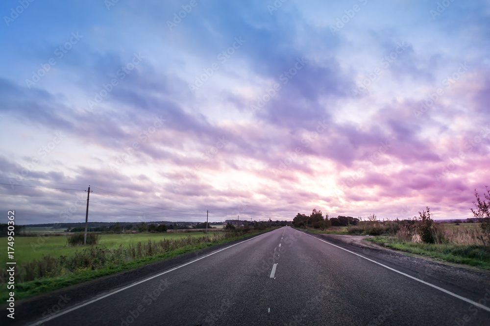 beautiful sun rising sky with asphalt highways road in rural scene use land transport and traveling background