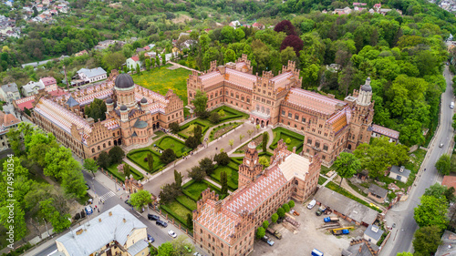 CHERNIVTSI, UKRAINE - April, 2017: Residence of Bukovinian and Dalmatian Metropolitans. Chernivtsi National University from above aerial view. Chernivtsi touristic destination of Ukraine. photo