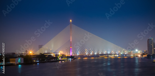 Thailand bangkok night cable bridge ( Rama VIII Bridge ) The Rama VIII Bridge is a cable-stayed bridge crossing the Chao Phraya River in Bangkok Thailand