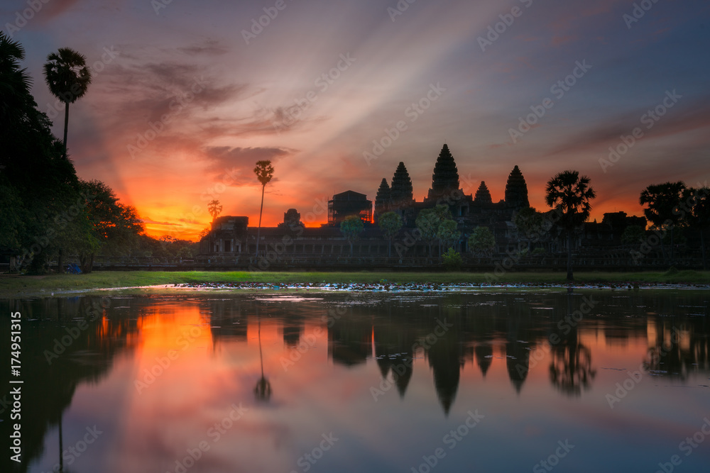 Landscape and sunrise of Angkor wat temple in Siem reap in Combodia