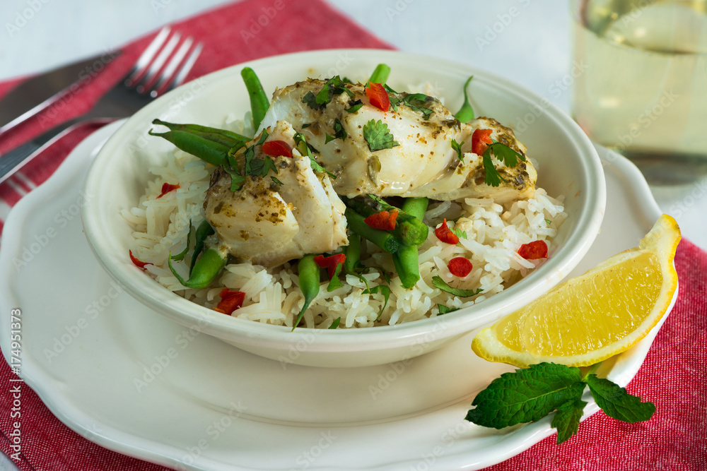 Coconut curry cod with green beans and rice Coconut curry cod with green beans and rice