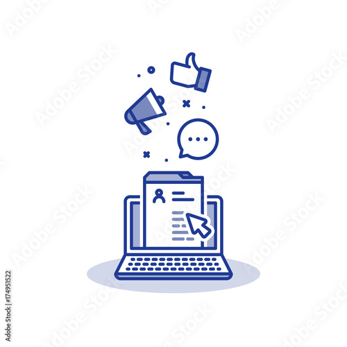Social media marketing and promotion, website development, online profile page, laptop line icon