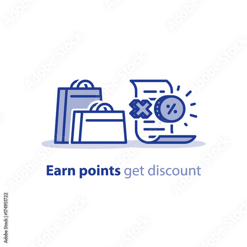 Shopping bags with check and bonus, reward points, loyalty program, sale concept