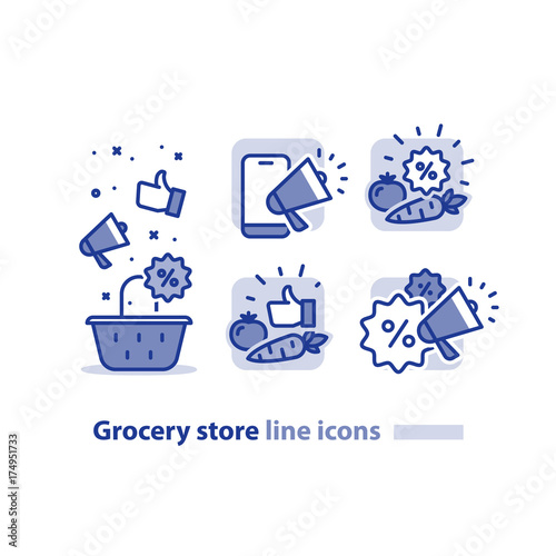 Food shopping, grocery store basket, cheap vegetables line icon, sale announcement megaphone