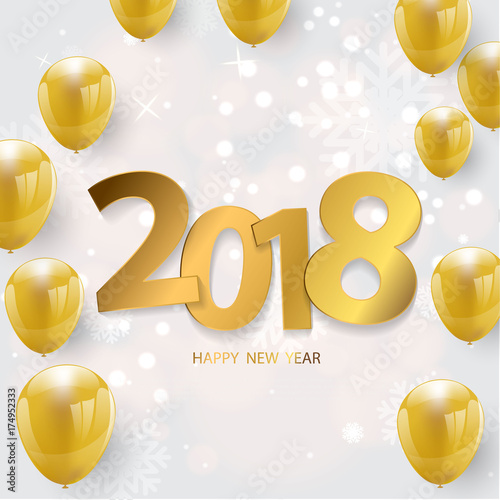 Happy New Year 2018. background with gold balloons and confetti. with gbeautiful various snowflakes