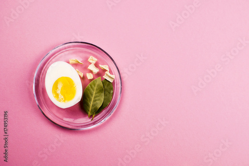 Boiled egg on a plate with vegetables and Bay leaf