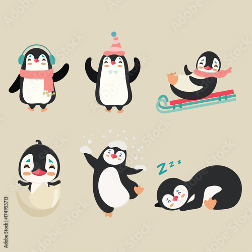 Collection of cartoon penguin.