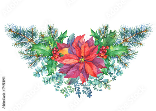 Garland with a Christmas tree, holly, poinsettia. Christmas decoration - greeting card, invitation. New Year. Watercolor hand painting illustration isolated on white background.