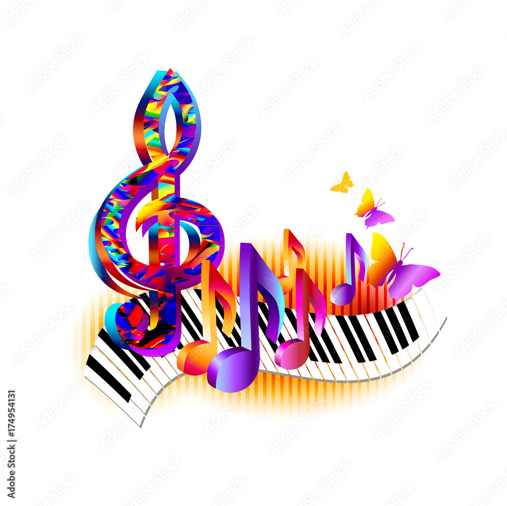 Colorful 3d music notes with piano keyboard, treble clef and butterfly.  Music background for poster, brochure, banner, flyer, concert, music  festival vector de Stock | Adobe Stock