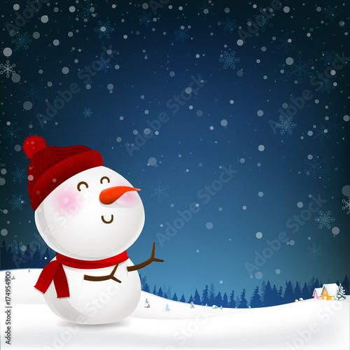 Snowman cartoon smile and blank copy space falling snow in the winter night backgroud vector illustration 001