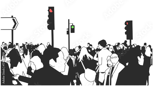 Illustration of crowd of people walking on the street with street signs and traffic lights