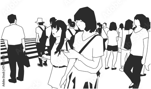 Illustration of crowd of people walking on the street in black and white