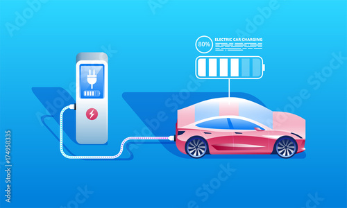 Electric car charging at the charger station