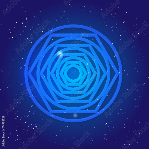 Sacred geometry figure, tunnel, black hole, in cosmic space. Magic symbol in Universe sky. Crossing reality 3d. photo